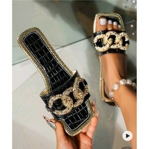 New‎ Chain Detail Women's Slides Square Toe Slip On Sandals size 6.5